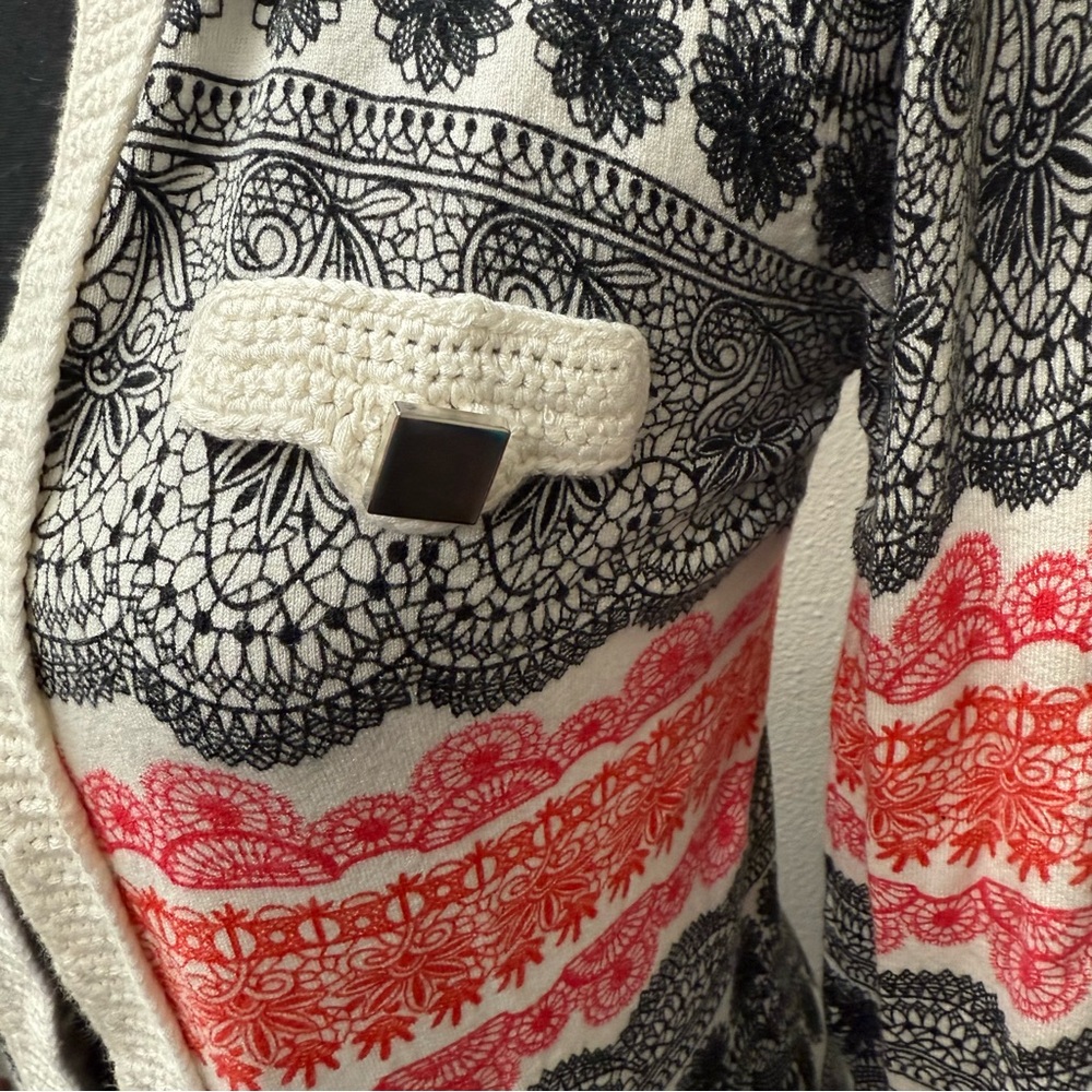 Aubergene Knit Cardigan S Black Coral Aztec Print Open Front 3/4 Sleeve Sweater - Picture 2 of 8